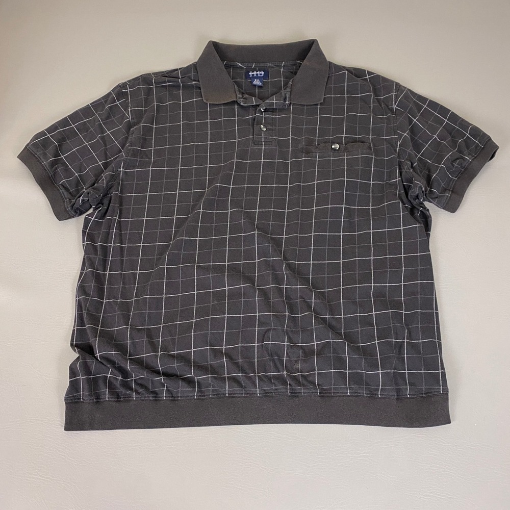 Harbor Bay Polo Shirt Men's Size 3XL Dark Gray Grid Windowpane Banded Pocket